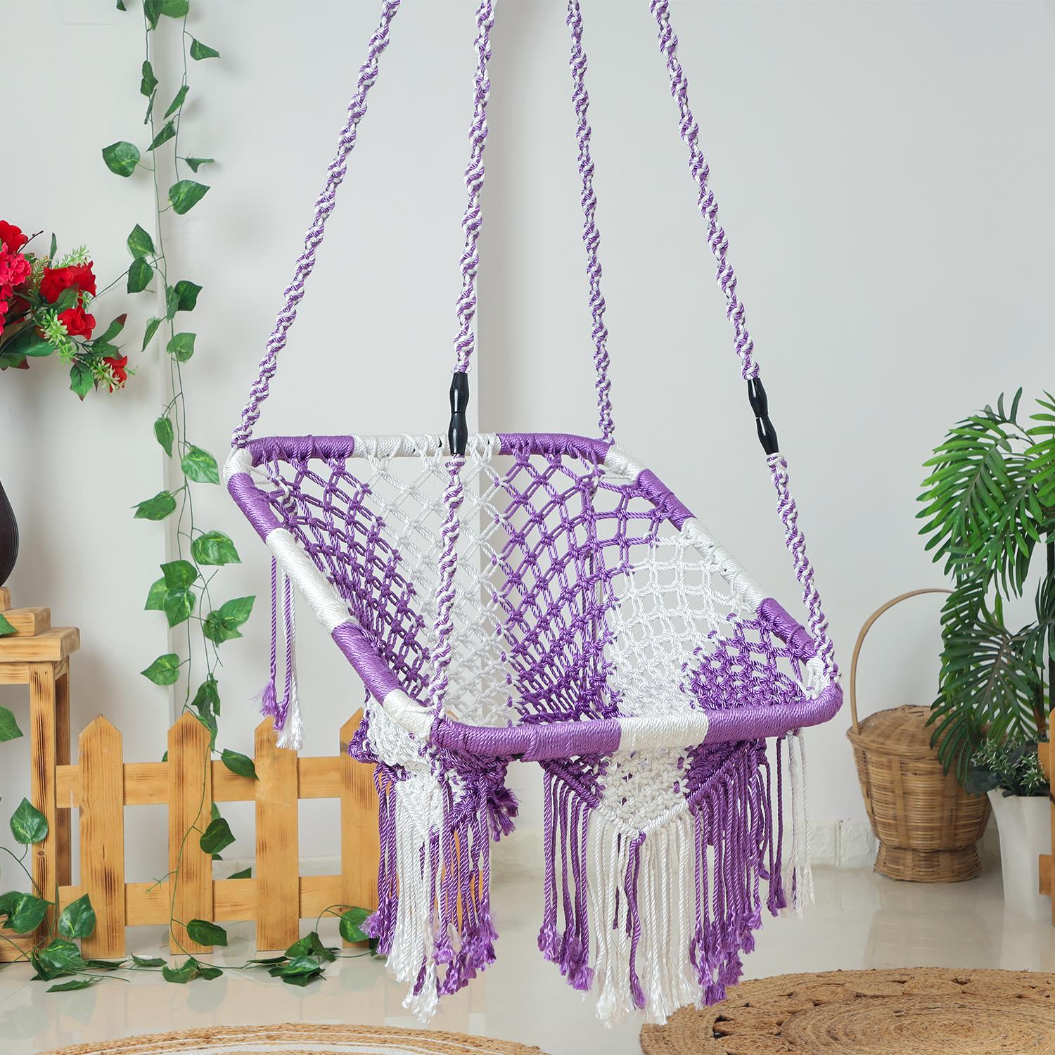 Buy Square Hammock Swing Chair – Sturdy Cotton Jula for Adults & Kids | Indoor/Outdoor Balcony Uyyala in White & Purple
