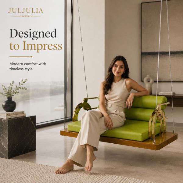 Luxury Indoor Wooden Hanging Swing Sofa with Green Upholstery